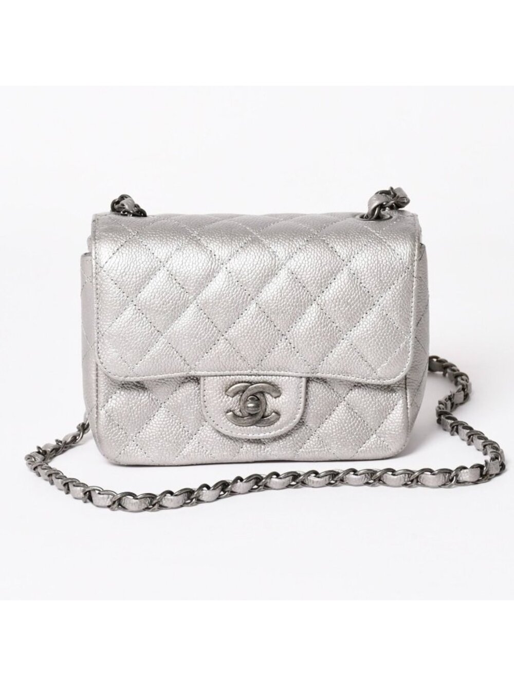 Chanel Mini Quilted 17 S Flap S Chain Shoulder Bag CC Logo Caviar Leather Silver